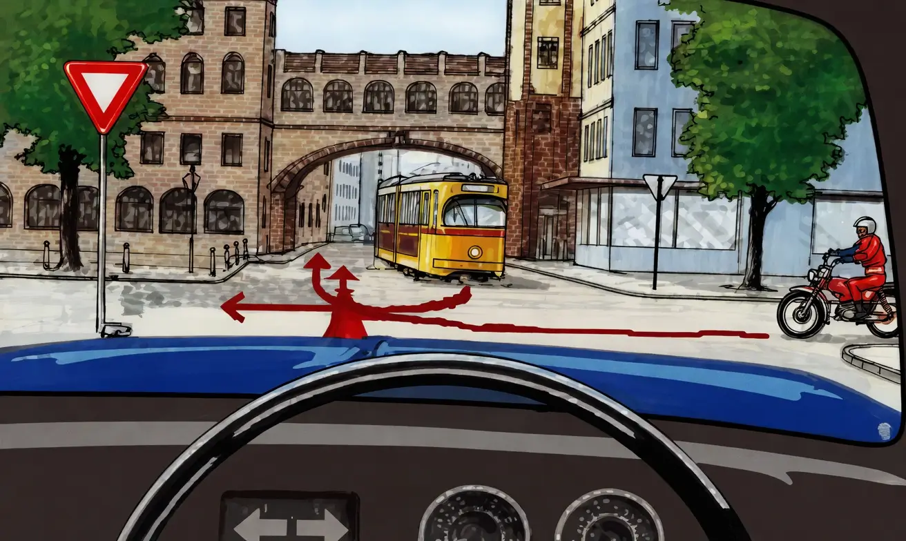 Driver's view at a junction with a yield sign, a tram on the leftturning right with a yield sign and a motorcycle on the right proceeding to its left.